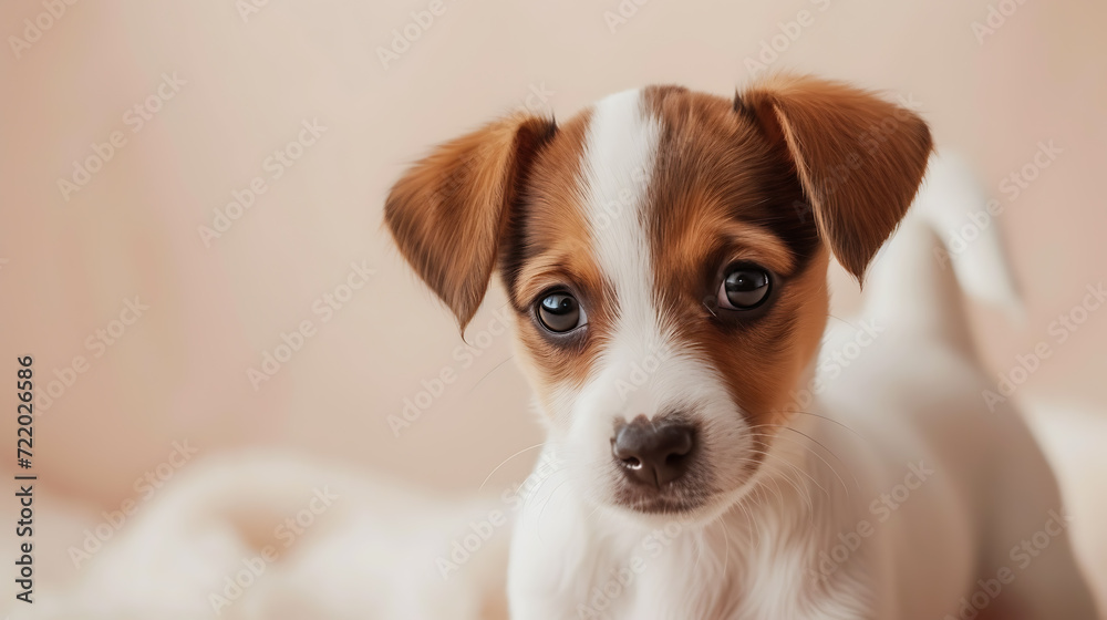 A cute and mischievous puppy with floppy ears playfully resting on a soft beige background.