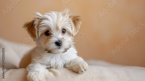 This adorable puppy with floppy ears is full of playfulness on a soft beige background.