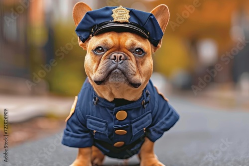 A brave bulldog dons a police uniform, proudly patrolling the outdoors with his trusty collar and determined snout, embodying the loyal and protective nature of man's best friend © Pinklife