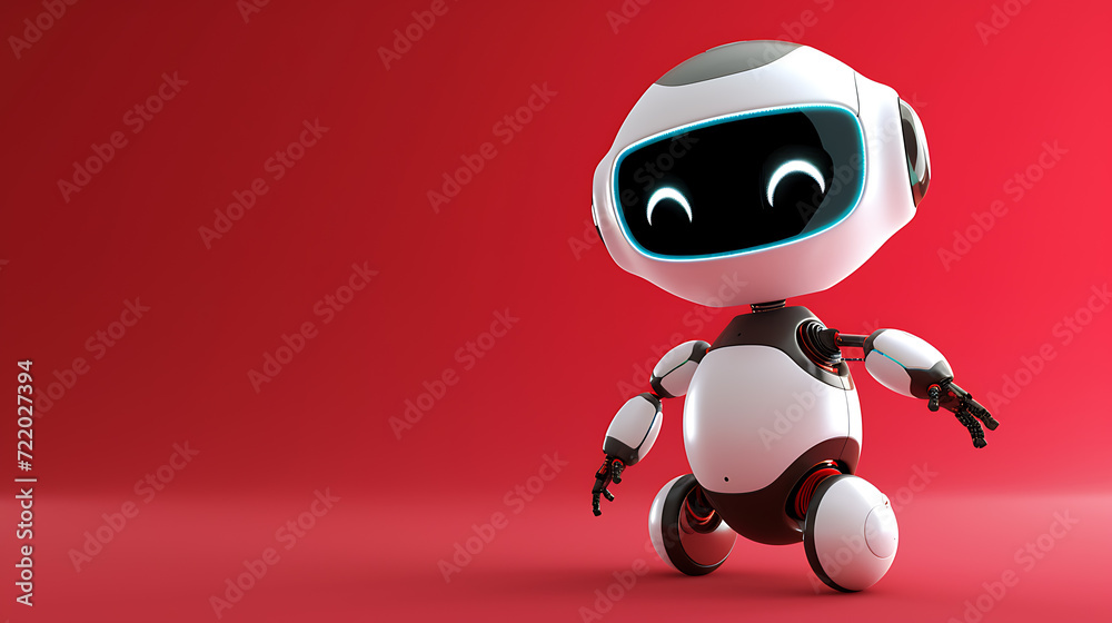A lovable, tech-savvy robot with a vibrant personality, set against a sleek red backdrop.