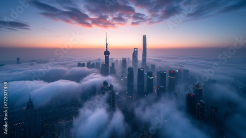 Shanghai city on sundown, in the style of mist.