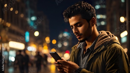 Young arab man using and texting on his smart phone portrait ai generated