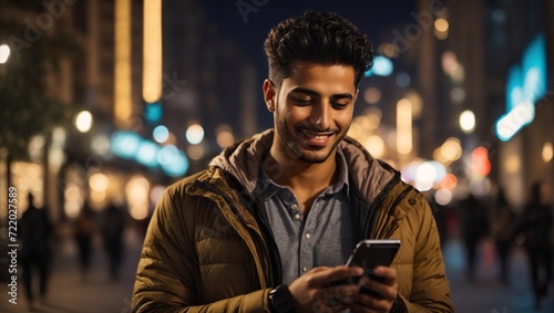 Young arab man using and texting on his smart phone portrait ai generated