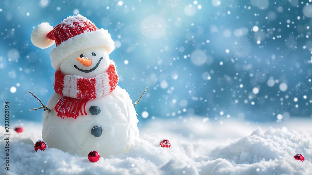 A cheerful snowman stands in a serene winter landscape against a chilly blue backdrop.