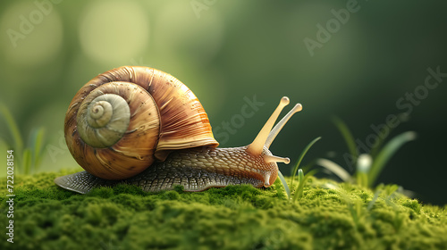 A charming 3D snail with a gentle demeanor, meticulously designed in a trendy and endearing style, set against a soothing moss green backdrop. © stocker