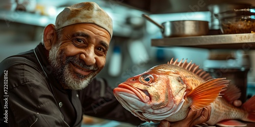 Smiling chef in a cap presents a fresh fish in the kitchen. candid portrait, culinary scene. commercial food photography. AI