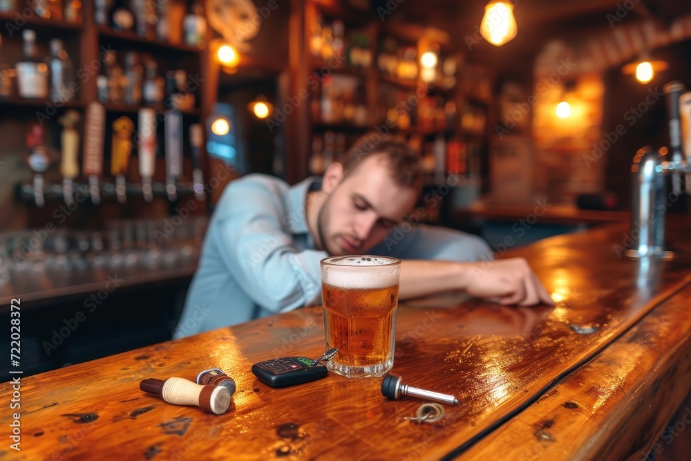 A tired man rests his head on the bar, his empty glass of beer and keys lying forgotten as he drowns his sorrows in alcohol at the dimly lit pub