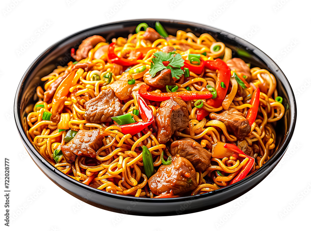 Chow Mein, a popular Chinese dish made from stir-fried noodles, vegetables, and meat, isolated on a transparent background