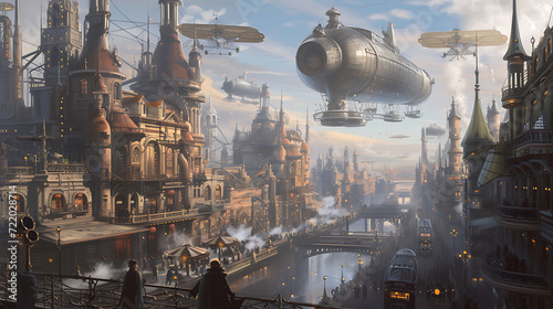 Welcome to a mesmerizing steampunk city adorned with grand Victorian architecture, where majestic airships gracefully glide through the sky propelled by steam power. photo