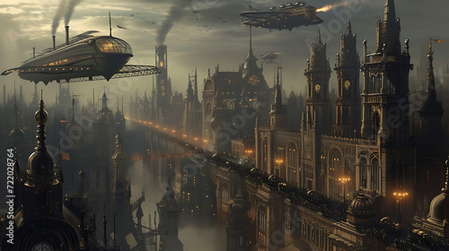Welcome to a mesmerizing steampunk city adorned with grand Victorian architecture, where majestic airships gracefully glide through the sky propelled by steam power.