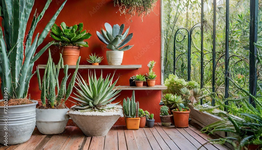 cactus in a pot.a home garden interior featuring an array of beautiful plants like cacti, succulents, and air plants, each placed in distinctively designed pots. Enhance the composition with a bold re