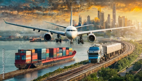 Global business logistics import export and container cargo freight ship during loading at industrial port by crane, container handlers, cargo plane, truck on highway, transportation industry concept photo