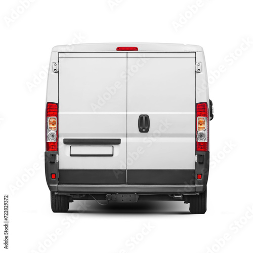 Delivery van rear view isolated. Cargo short-base minibus. Transparent PNG image.