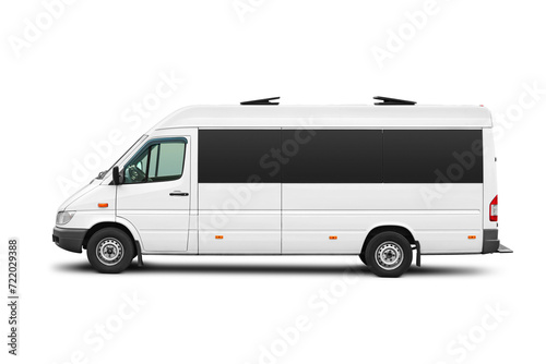 Passenger mini bus or van side view isolated. Side view of a modern short-base minibus. Transparent PNG image. photo