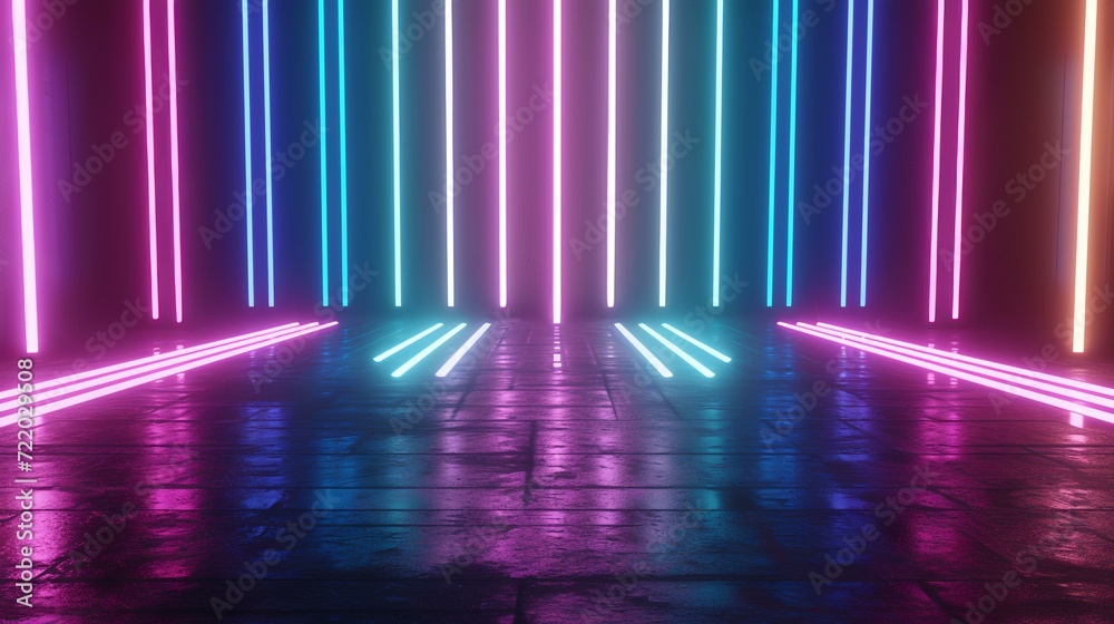 3D rendering of a dark corridor with neon lights and reflections. 3D rendering of a dark corridor with neon lights and reflections.