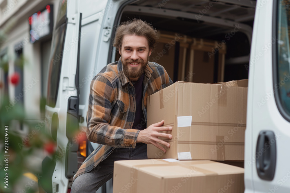 Courier taking cardboard boxes out of delivery van Courier taking cardboard boxes out of delivery van