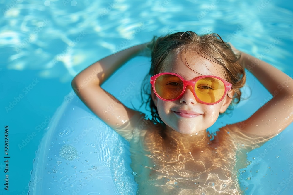 Naklejka premium A sun-kissed girl relaxes in the sparkling pool, her glistening sunglasses adding a touch of glamour to her leisurely swim at the outdoor leisure centre