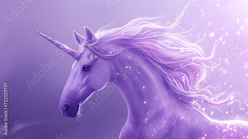 A captivating mystical unicorn with a radiant, ethereal mane, set against a soothing lavender background. © stocker