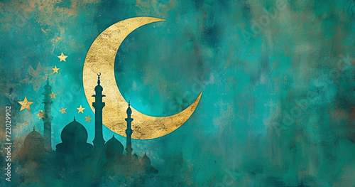 Crescent moon and mosque silhouette against a starry teal sky 