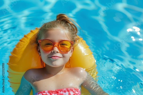 A woman lounges in a vibrant yellow swimsuit, her face hidden behind dark sunglasses as she relaxes by the pool on a hot summer day