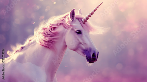 A whimsical mystical unicorn with a mesmerizing shimmering mane set against a dreamy lavender background.