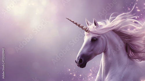 A majestic unicorn with a mesmerizing shimmering mane stands gracefully on a serene lavender background.