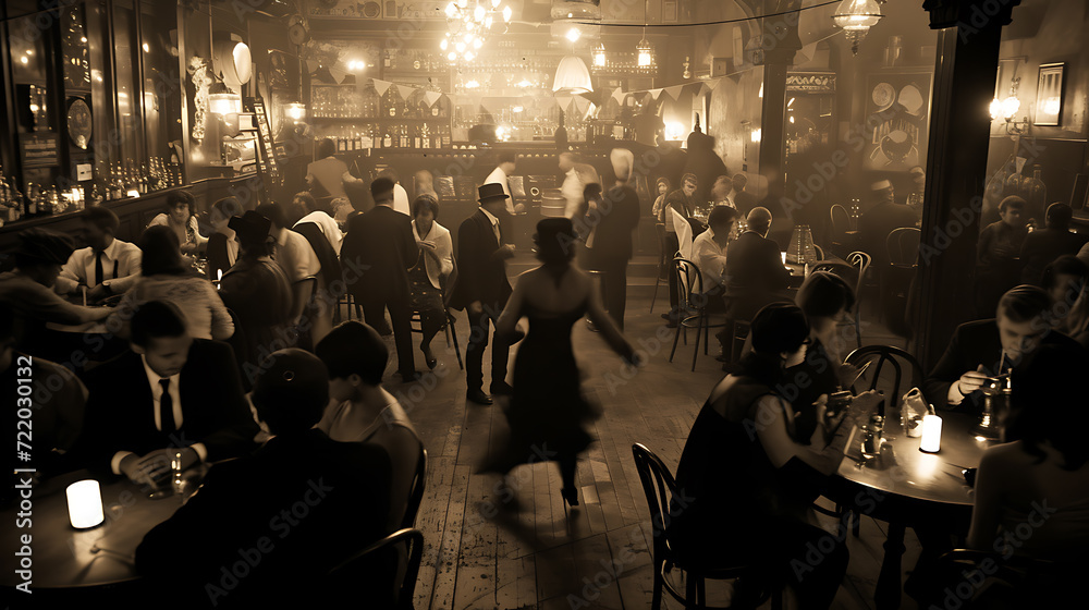 Naklejka premium Step back in time to a vibrant 1920s speakeasy hidden away during Prohibition, where jazz music fills the air and flapper dancers bring the floor to life.