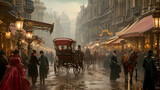 A bustling Victorian-era London street illuminated by glowing gas lamps, filled with elegant horse-drawn carriages and the sounds of bustling activity.