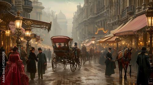 A bustling Victorian-era London street illuminated by glowing gas lamps, filled with elegant horse-drawn carriages and the sounds of bustling activity.