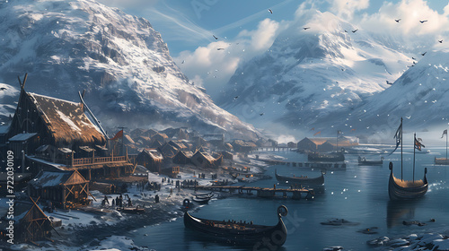 Immerse yourself in a captivating Nordic Viking village nestled amidst snowy mountains and stunning fjords, teeming with fearless warriors and majestic longships.