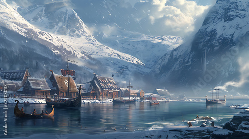 Immerse yourself in a captivating Nordic Viking village nestled amidst snowy mountains and stunning fjords, teeming with fearless warriors and majestic longships. photo