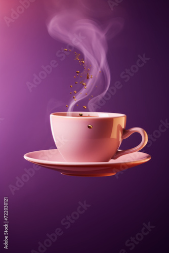 Cup of coffee levitationg on purple background