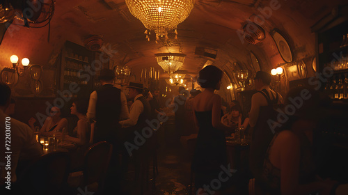 Step back in time to a vibrant 1920s speakeasy hidden away during Prohibition, where jazz music fills the air and flapper dancers bring the floor to life. photo