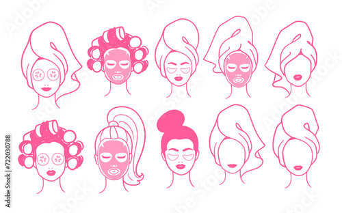 Vector illustration set of female portraits with facial masks wrapped with hair towel in pink color