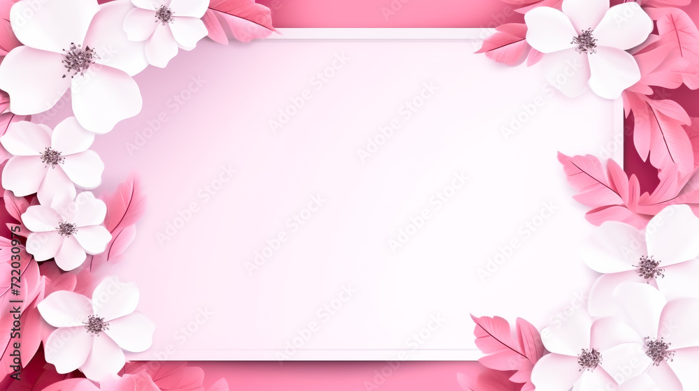 Banner with frame with pink flowers, space for text on light background top view. Greeting card with flowers for Women's Day, Valentine's Day, birthday, birth of children, wedding, anniversary Banner with frame with pink flowers, space for text on light background top view. Greeting card with flowers for Women's Day, Valentine's Day, birthday, birth of children, wedding, anniversary