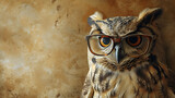 A knowledgeable owl with glasses perched against a warm brown background.