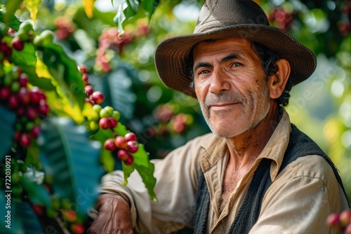 A fashionable man in a sun hat enjoys a cup of coffee surrounded by nature, with trees, plants, and flowers as his backdrop