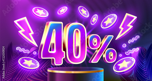 Mega sale special offer, Neon 40 off sale banner. Sign board promotion. Vector illustration