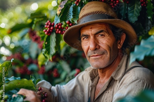 A rugged man savors the taste of freshly picked berries while admiring his thriving plant, his face illuminated by the warm sun and his hat casting a shadow over his content expression