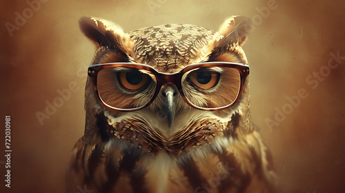 A knowledgeable owl with glasses perched against a warm brown background. photo