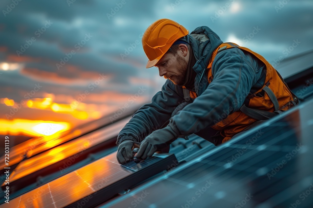 Workers assemble energy system with solar panel for electricity. Generative AI