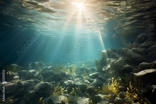 underwater surface with sun streaming down, detailed 