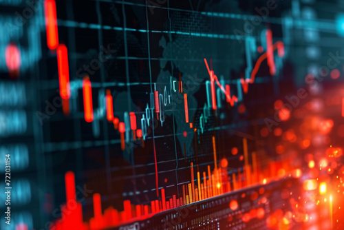 Stock market charts, market crash, bear market, red declining stock graphs