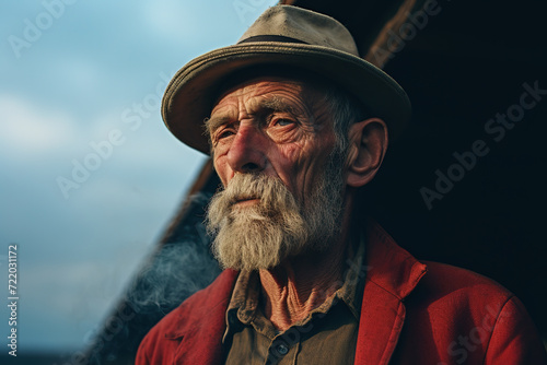 A man wearing a red clothing smoke a pipe. Generative AI photo