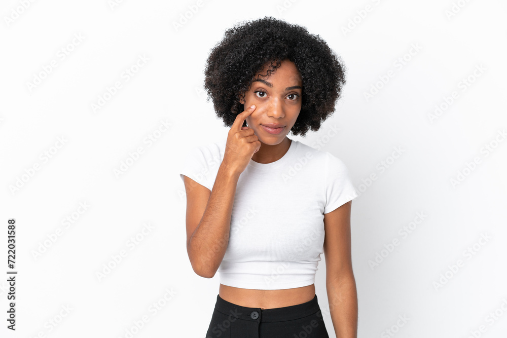 Young African American woman isolated on white background showing something Young African American woman isolated on white background showing something