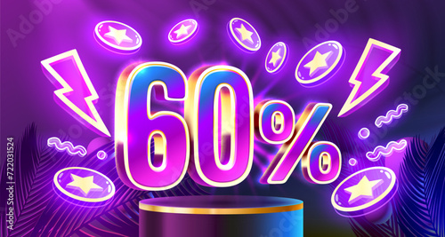Mega sale special offer, Neon 60 off sale banner. Sign board promotion. Vector illustration
