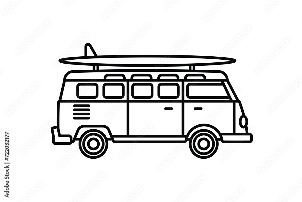 Original vector illustration. A van with a surfboard on the roof. A contour icon.