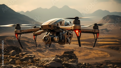 High-tech military drone flying over a desert landscape during a reconnaissance mission