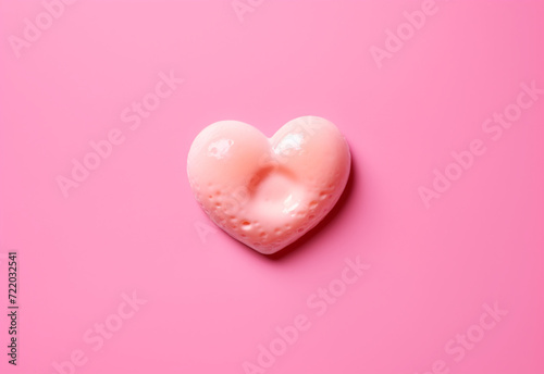 Heart-shaped fried egg, copy space, pink background, monochromatic color palettes, pop art influencer сreated with Generative Ai