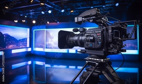 video camera on a blurred studio background for filming news, interviews photo